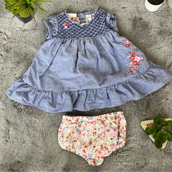 First Impressions Denim Floral Ruffle Dress with Bloomers - 3-6M - Picture 1 of 6
